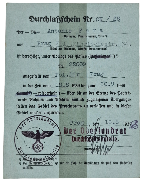 Original WW2 German Document - Durchlassschein Polizei Prague OK/SS (1939)