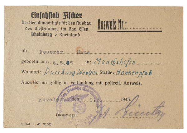 Document - Einsatzstab Fischer Rheinberg Kevelaar (1945)