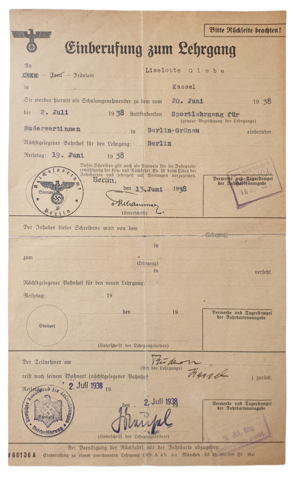 Document - Einberufung zum Lehrgang, Kassel Berlin (1938)