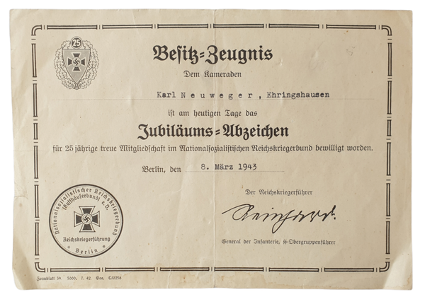 Document - Besitz Zeugnis für das Jubiläums Abzeichen für 25 jährige Kyffhäuserbund (1943)