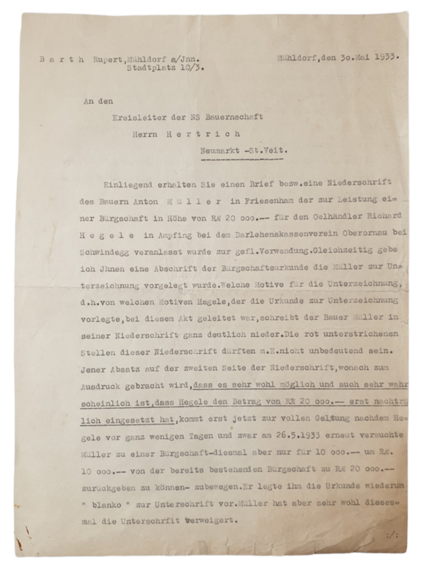 Document - Kreisleiter der NS Bauernschaft, Mühldorf (1933)