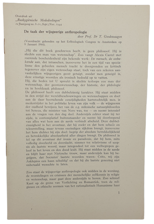 NSB brochure - De taak der wijsgeerige anthropologie, T. Goedewaagen (1944)