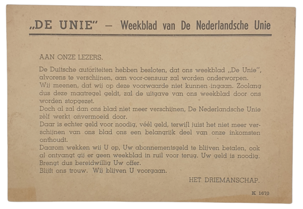 Card - De Nederlandsche Unie newspaper