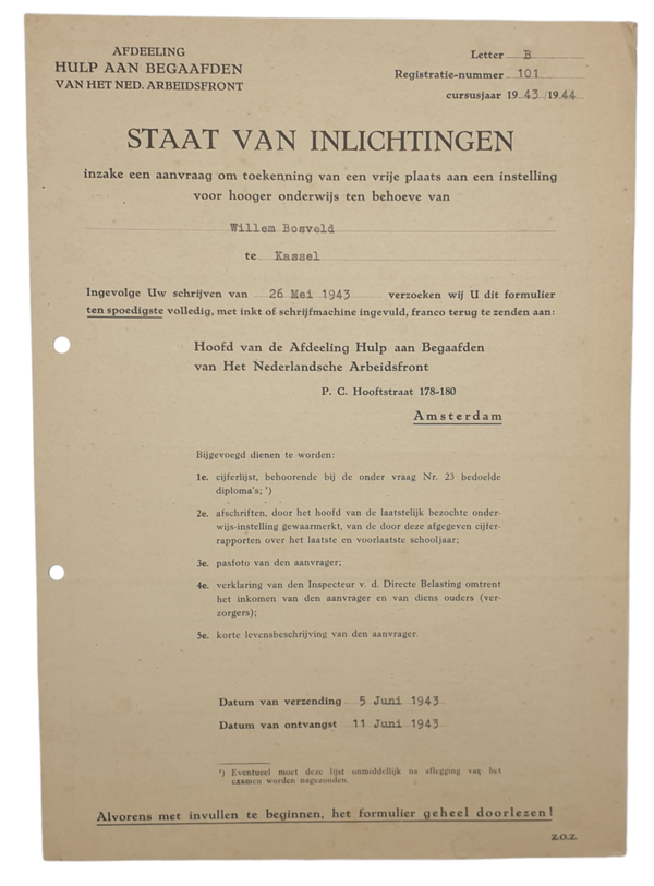 NAF document - Nederlandsche Arbeitsfront Staat van Inlichtingen (1943/1944)