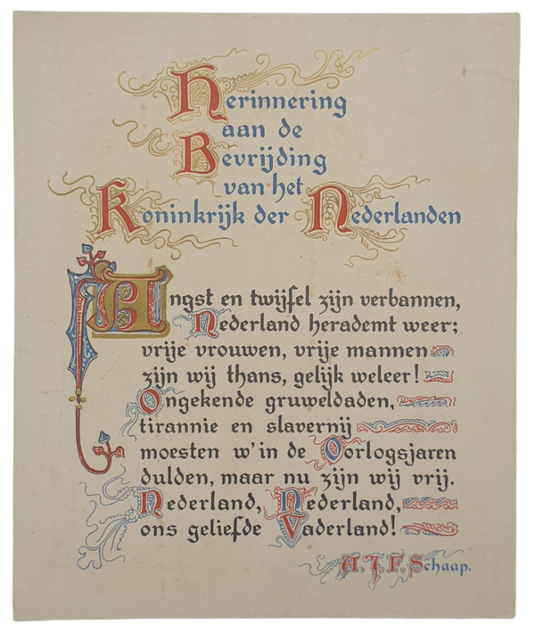 Carton plaque - Herinnering aan de Bevrijding van het Koninkrijk der Nederlanden, A. Schaap (1945)