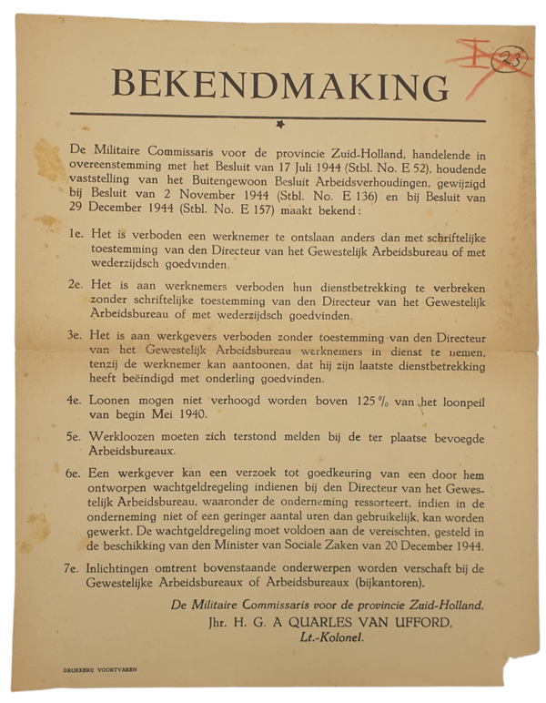 Poster - Notice by H. G. A. Quarles van Ufford (1945)