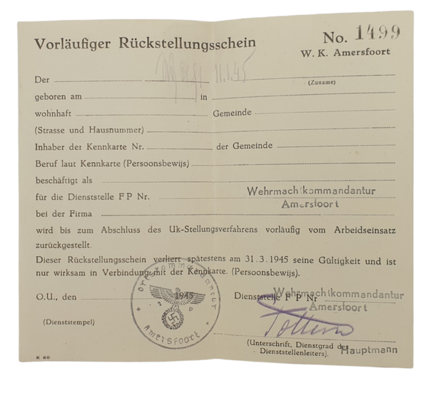 Document - Vorläufiger Rückstellungsschein Amersfoort