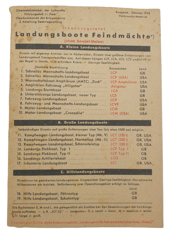 Document - Erkennungstafel Landungsboote Feindmächte (1943)