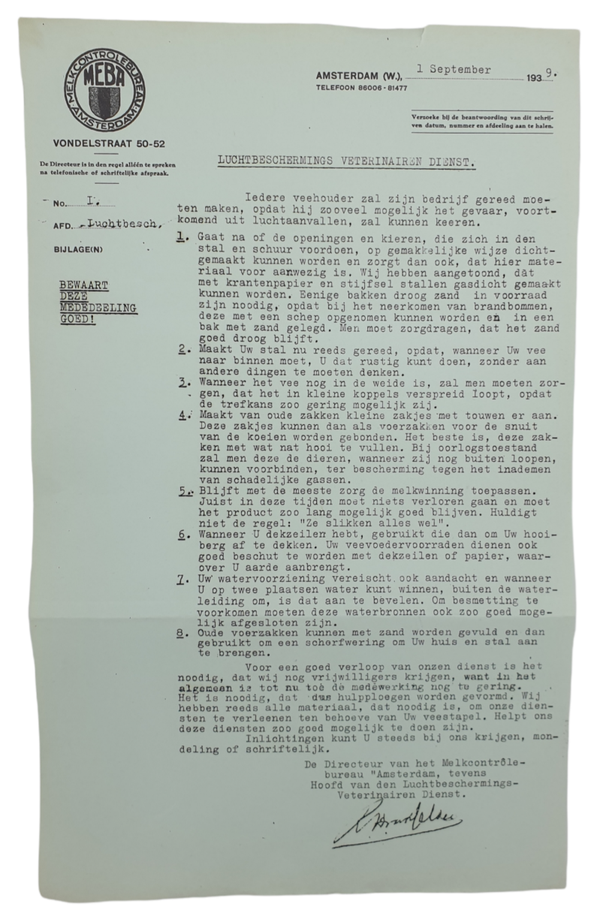 LBD document - Luchtbeschermingsdienst Amsterdam MEBA informing vets (1939)
