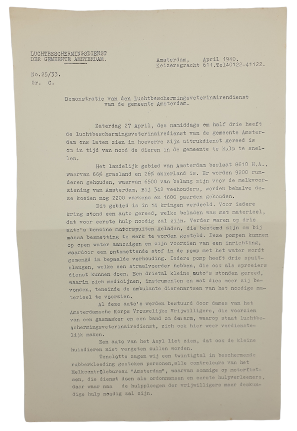 LBD document - Luchtbeschermingsdienst Amsterdam notice helping animals (1940)