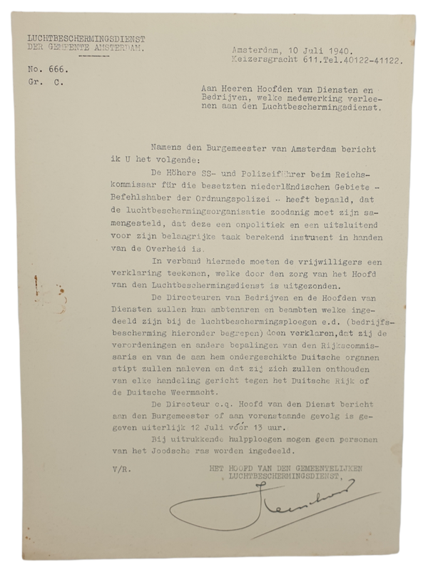 LBD document - Luchtbeschermingsdienst Amsterdam notice for signing loyalty to the nazi's (1940)
