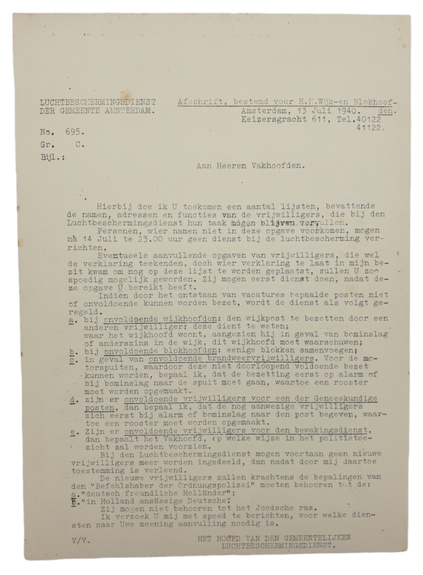 LBD document - Luchtbeschermingsdienst Amsterdam notice for blokhoofden (1940)