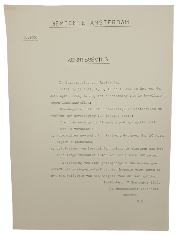 LBD document - Luchtbeschermingsdienst Amsterdam notice for ''Korenmijten'' (1940)