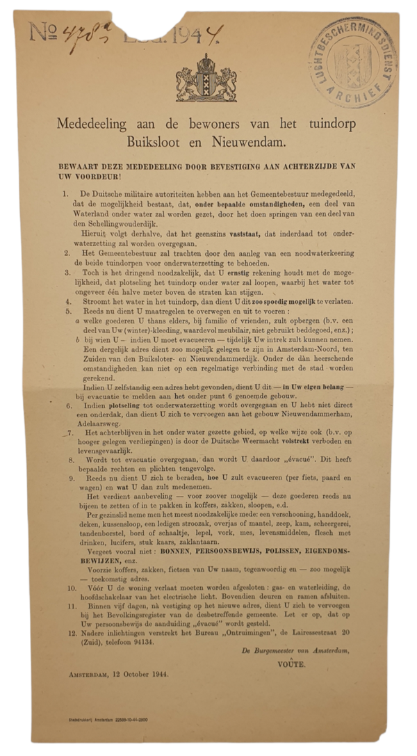 LBD document - Luchtbeschermingsdienst Amsterdam notice, Buikersloot & Nieuwendam (1944)