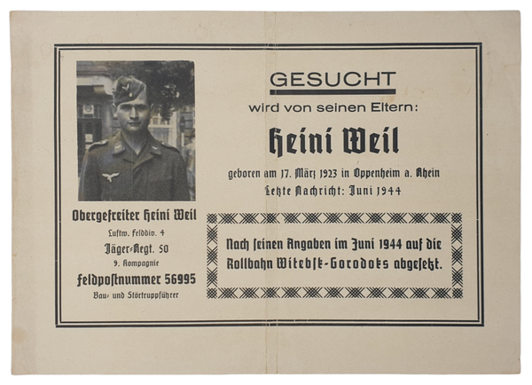 Original WW2 German Document - Missing Luftwaffe felddivision soldier, June (1944)