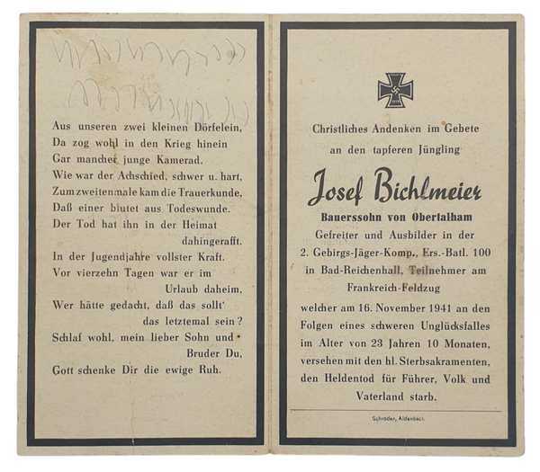 Original WW2 German Document - Death card Gebirgsjäger, France (1941)