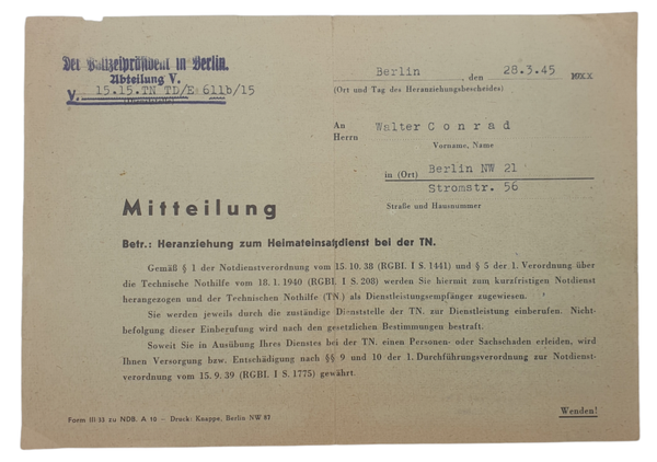 Original WW2 German Document - Notice TN Technische Nothilfe Berlin (1945)