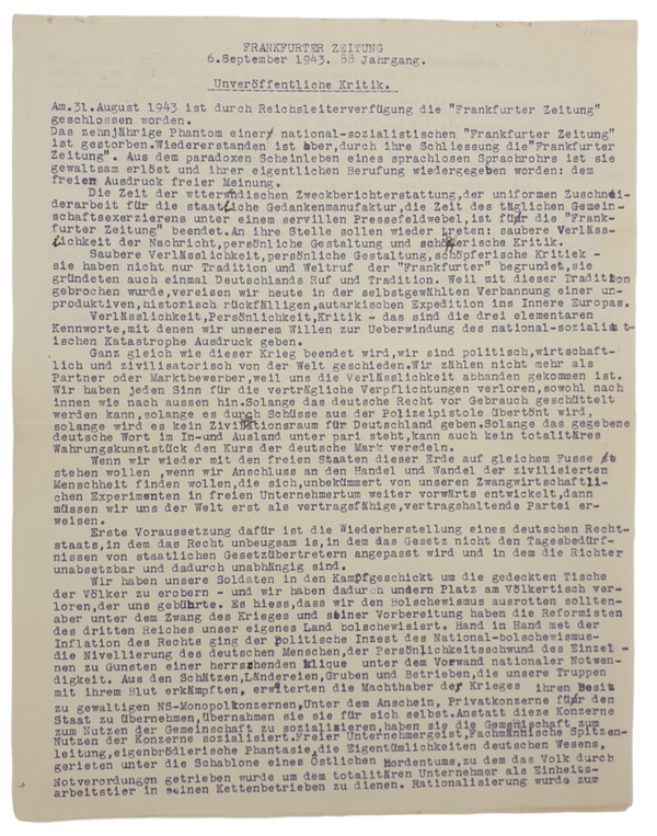 Original WW2 German Document - Frankfurter Zeitung article ''Unveroffentliche Kritik" (1943)