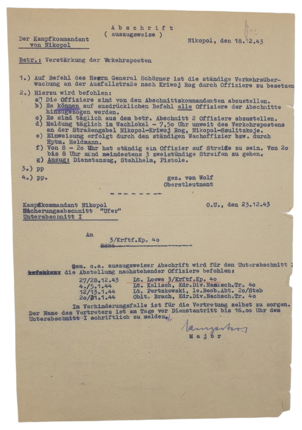Original WW2 German Document - reinforcement of traffic posts, Kampfkommandant Nikopol, Ukraine (1943)