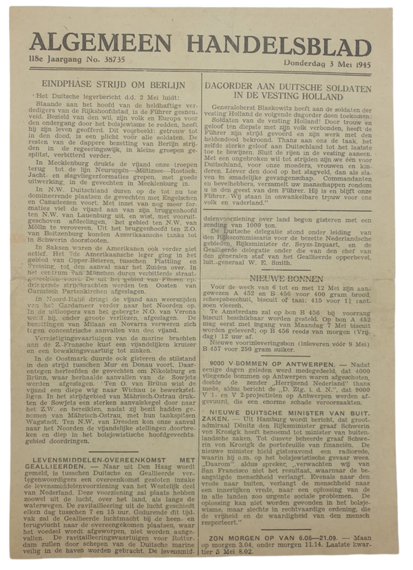 Original WW2 Dutch Newspaper - Algemeen Handelsblad 3th of May (1945)