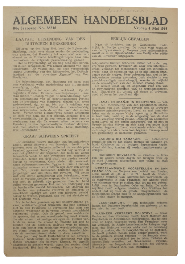Original WW2 Dutch Newspaper - Algemeen Handelsblad 4th of May (1945)