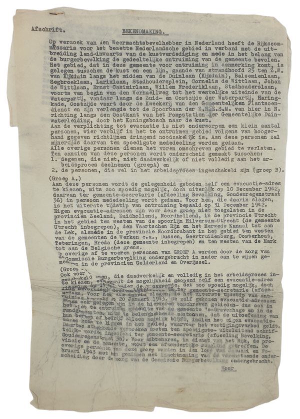 Original WW2 Dutch Document - Notice The Hague evacuation Atlantic Wall (1942)