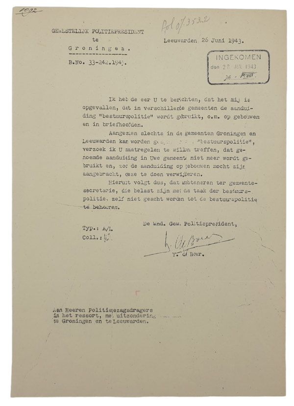 Original WW2 Dutch Document - Police Groningen, Leeuwarden misusage of a term, 26th of June (1943)