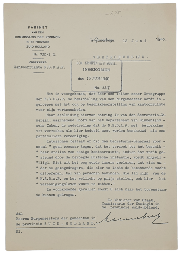 Original WW2 Dutch Document - Office space for the NSDAP, 12th of June (1940)