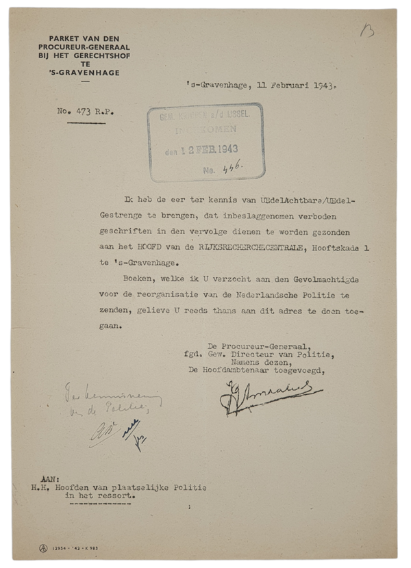 Original WW2 Dutch Document - Notice sending seized illegal books and flyers to an office, 11th of February (1943)