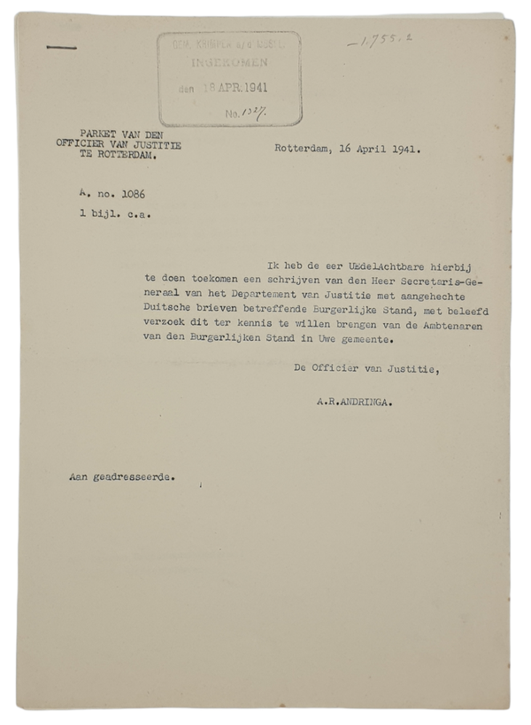 Original WW2 Dutch Document - Notice Registration of civil status (1941)