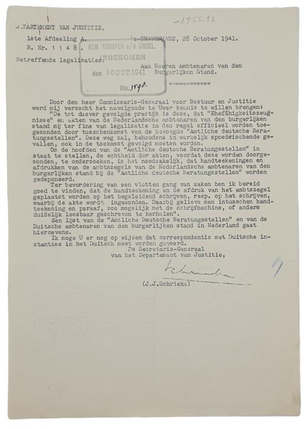 Original WW2 Dutch Document - Notice Registration of civil status (1941)