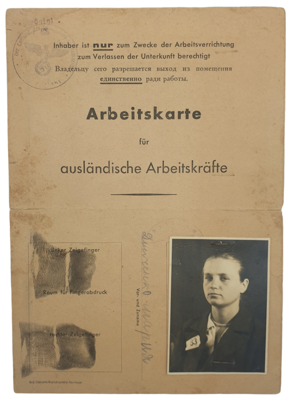 Original WW2 German Document - Arbeitskarte für Ausländische Arbeitskräfte, Russian (1944)