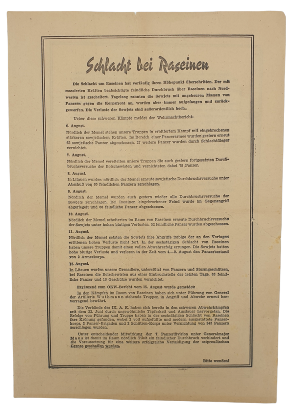 Original WW2 German Document - Schlacht Bei Raseinen, General der Artillerie Wuthmann