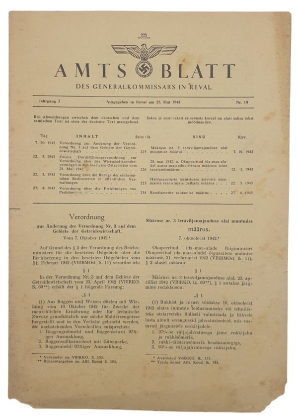 Original WW2 German Document - Amtsblatt des Generalkommissars in Reval, Estonia, 2nd Year no. 19 (1943)
