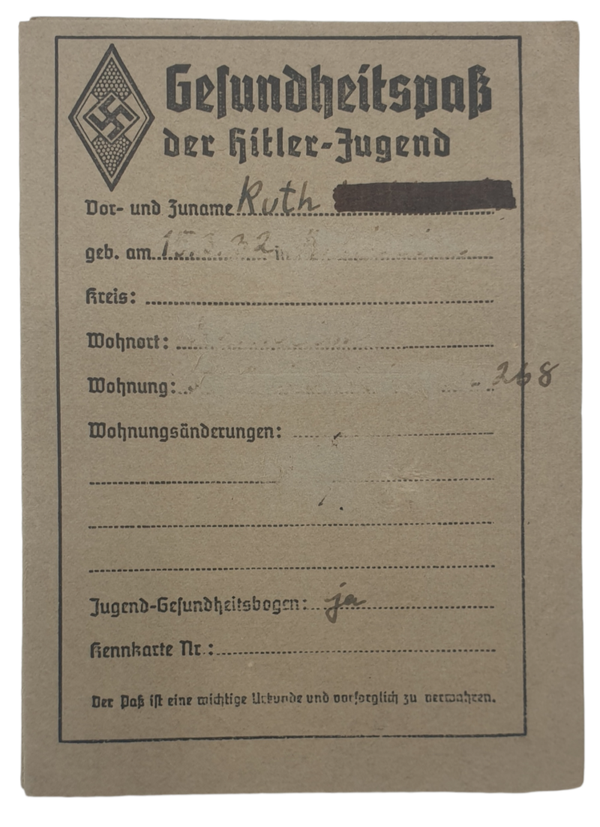 Original WW2 German Document - HJ Gesundheitspass der Hitler Jugend (1942)