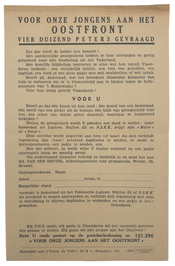 Original WW2 Flemish Waffen SS Flyer - Voor onze Jongens aan het Oostfront