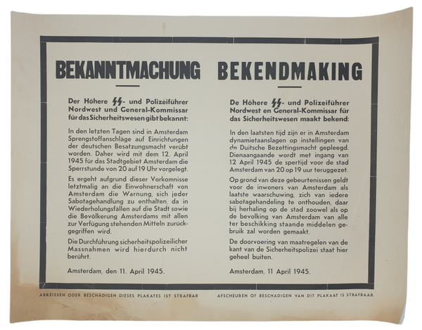 Original WW2 Dutch Poster - SS Announcement poster curfew, Amsterdam, 14th of April (1945)