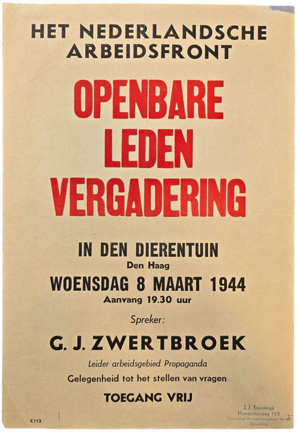 Original WW2 Dutch Collaboration NAF Poster - Nederlandsche Arbeitsfront Public Meeting, G. J. Zwertboek, Zoo, The Hague (1944)