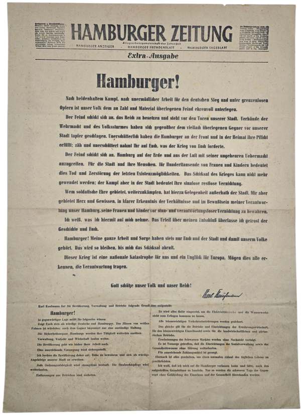 Original WW2 German Poster - Newspaper Hamburger Zeitung poster Extra Ausgabe (1945)