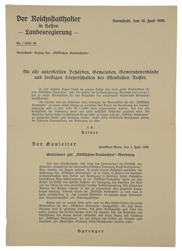 Original WW2 German Document - Reichsstatthalter in Hessen, advertising for the Volkischer Beobachter (1939)