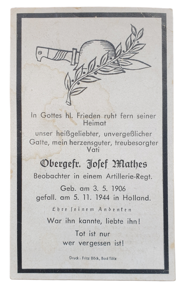 Original WW2 German death card - Josef Mathes, Artillerie Regiment, Holland 5th of November (1945)