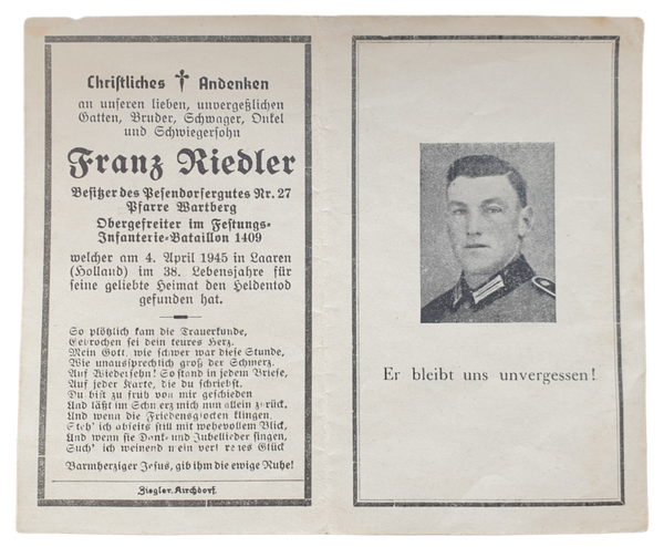 Original WW2 German death card - Franz Riedler, Festungs Infanterie Bataillion 1409, Laren, Holland (1945)