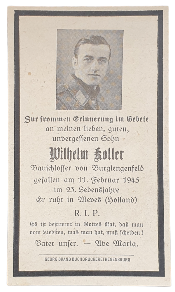 Original WW2 German death card - Wilhelm Koller, Meves, Holland (1945)