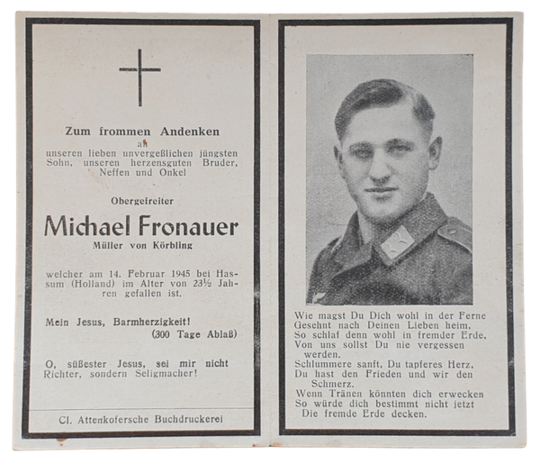 Original WW2 German death card - Michael Fronauer (Claus), Heijen, Holland (1945)