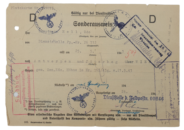 Original WW2 German Document - Sonderausweis Antwerpen to Wien (1943)