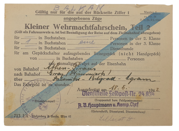 Original WW2 German Document - Kleiner Wehrmachtfahrschein, Teil 2, Balkan (1942)