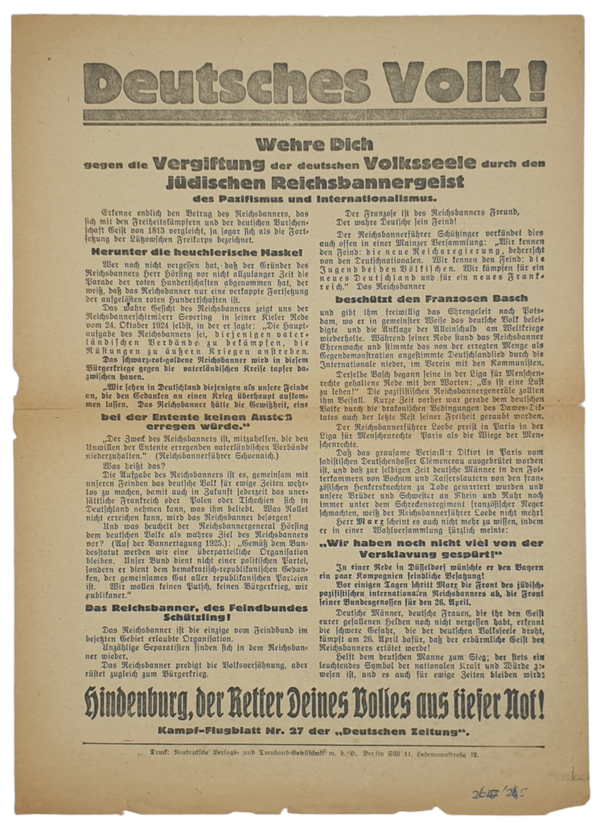 Original WW2 German Document - Antisemitic flyer Kampf-Flugblatt Nr. 27 der Deutsche Zeitung, ''Deutsches Volk!'' (1925)