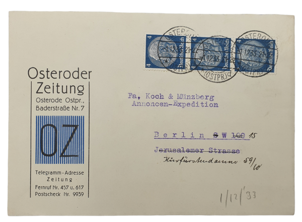 Original WW2 German Envelope - DeJewified street name, Berlin (1933)