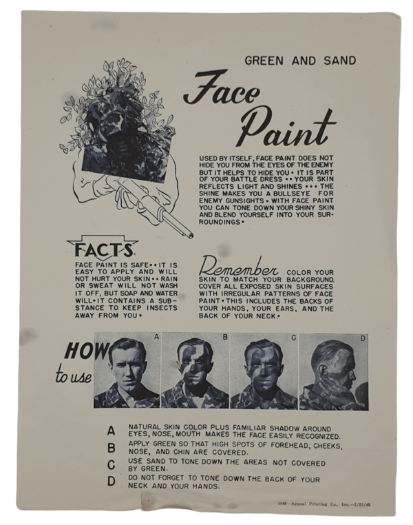 Original WW2 American Document - Green and Sand Face Paint camouflage (1945)
