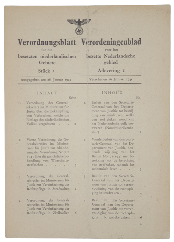 Original WW2 Dutch Document - Verordnungsblatt fur die besetzten Niederlandischen Gebiete No. 1 (1945)